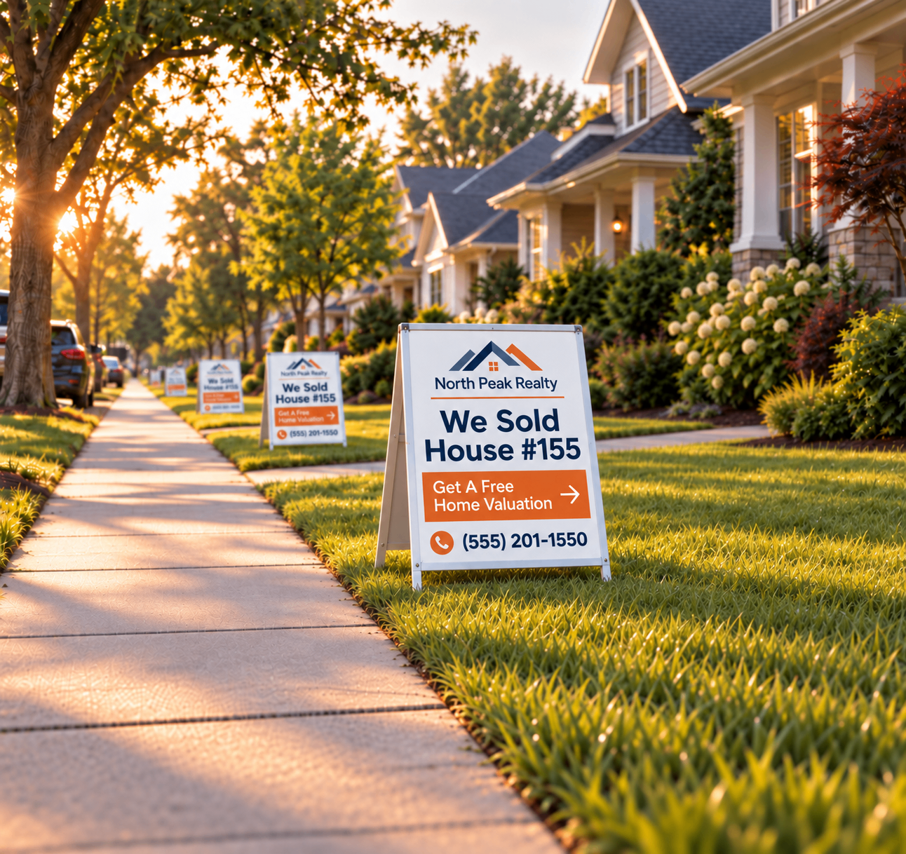 The same business sign standing in one front yard after another down a sunlit block