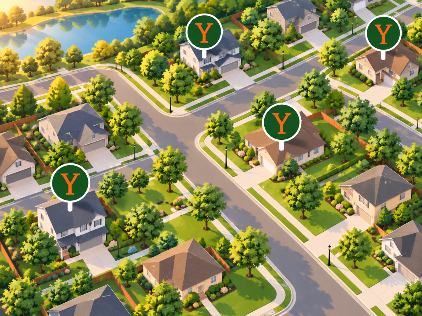 An aerial view of a suburban neighborhood with Yardy pins marking front yards running signs