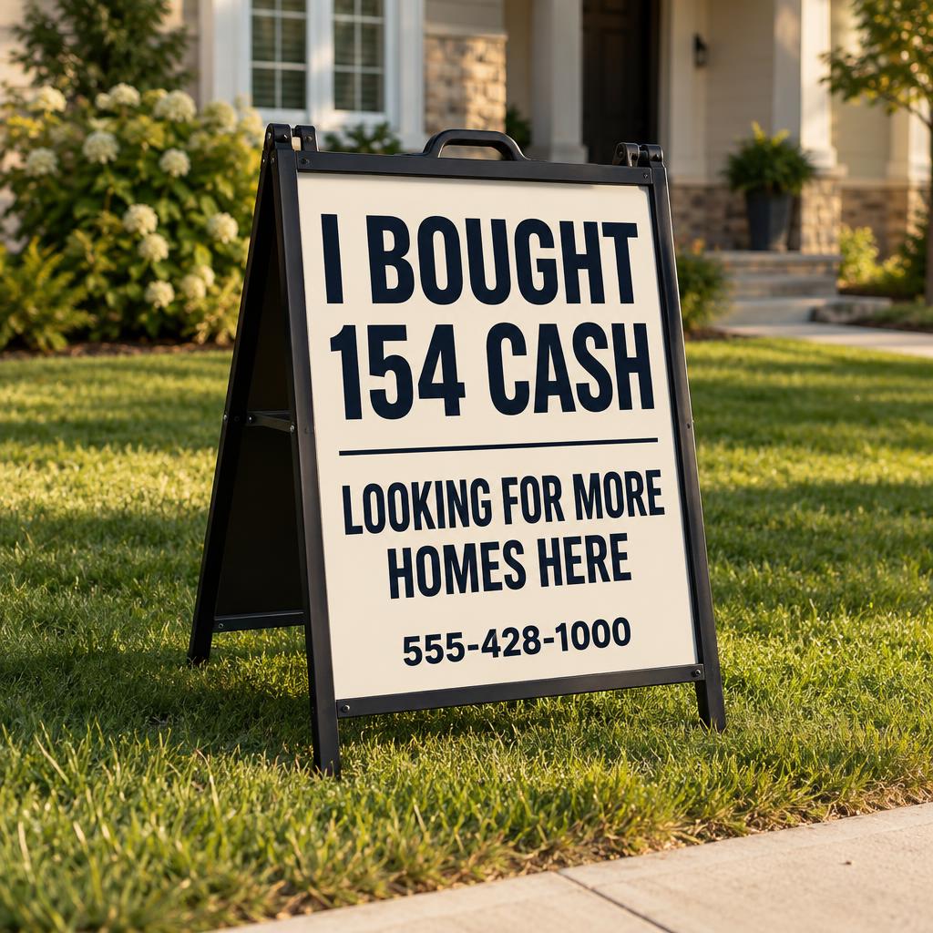 A black A-frame sign on a lawn reading I bought 154 cash, looking for more homes here
