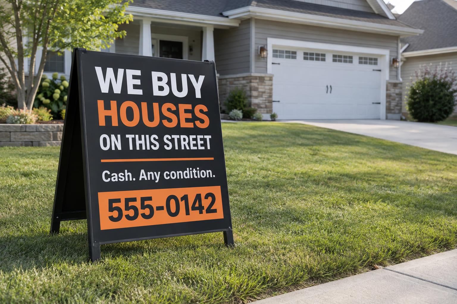 A black and orange A-frame sign on a front lawn reading We buy houses on this street, cash, any condition