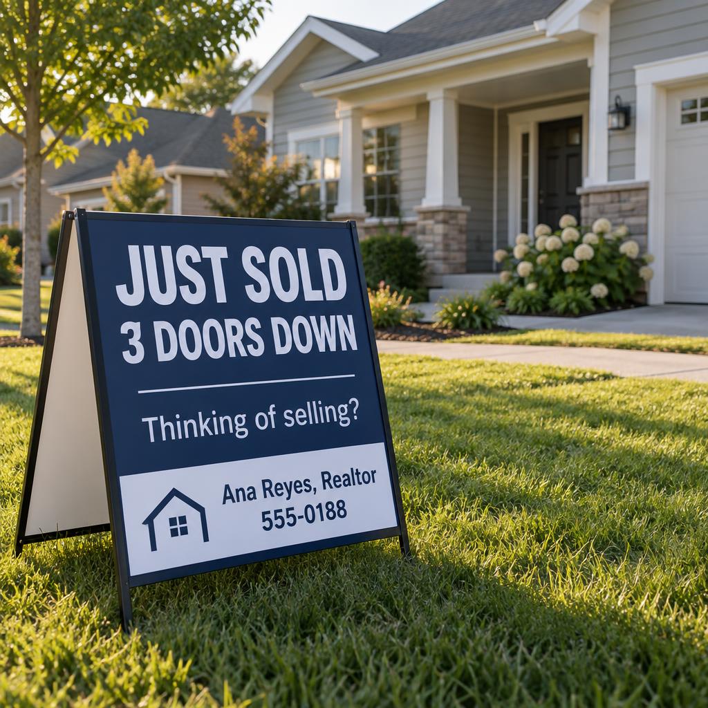 A navy A-frame sign on a front lawn reading Just sold 3 doors down, thinking of selling, with an agent name and phone number