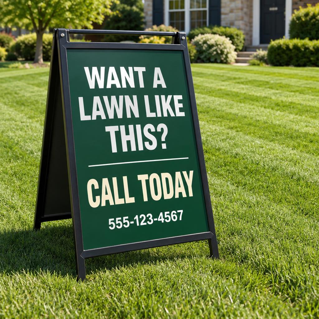A folding A-frame sign standing on a front lawn