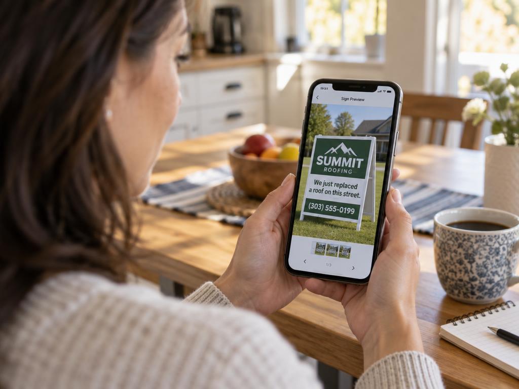 A homeowner approving a roofing company's lawn sign design on her phone
