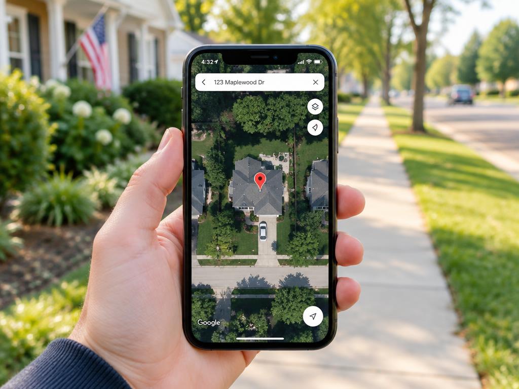 A hand holding a phone showing a suburban house pinned on a satellite map