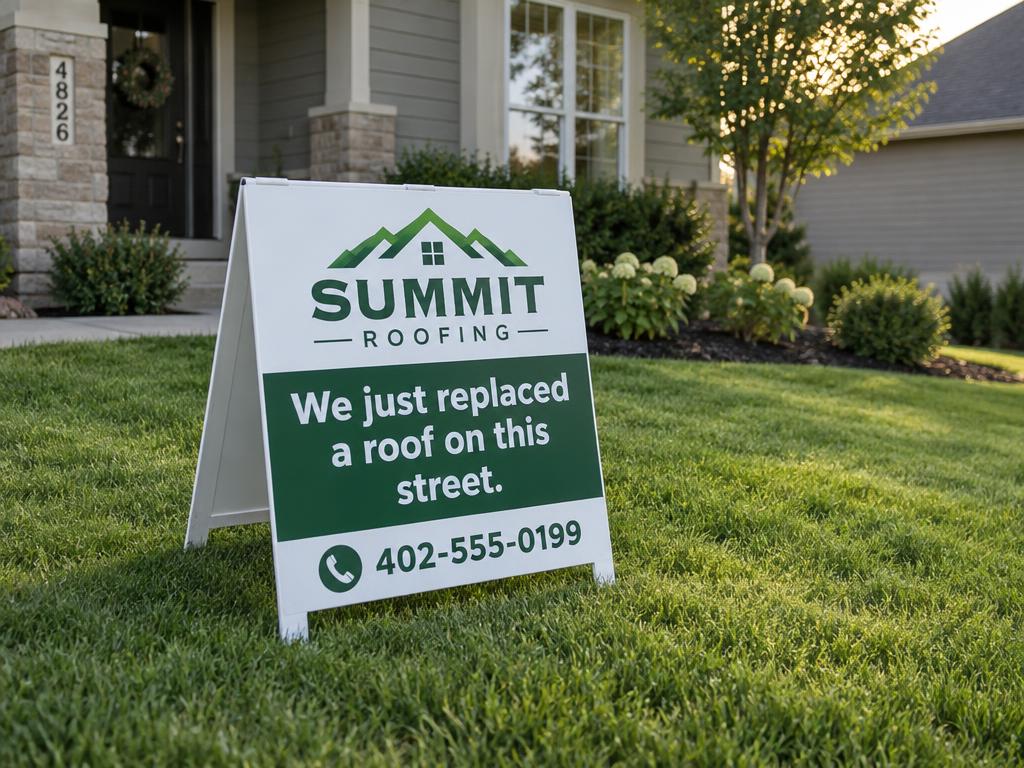The same roofing company A-frame sign standing on a green front lawn