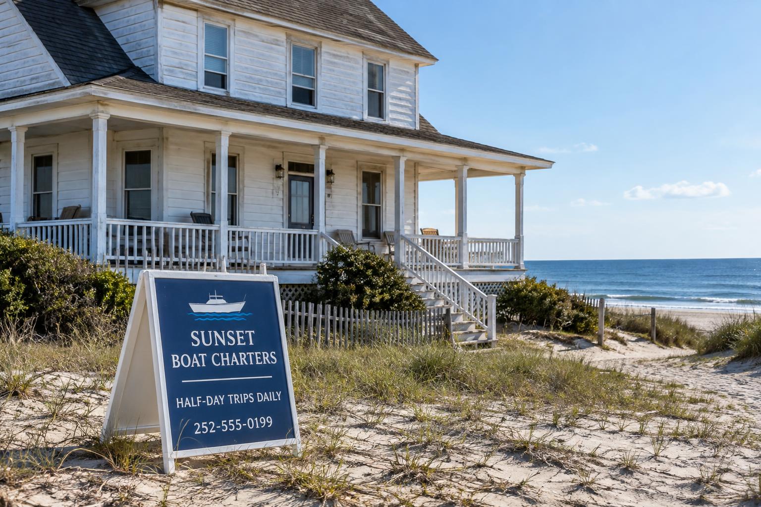 A white beachfront house with an A-frame sign on the sand out front advertising Sunset Boat Charters