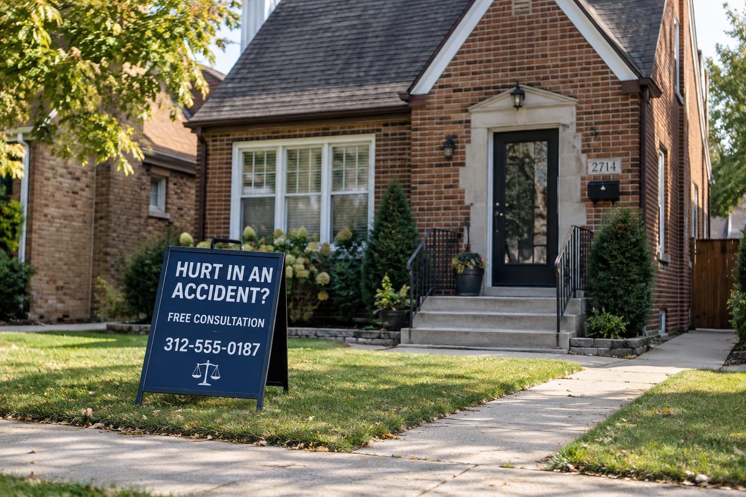 A small older brick house with a navy A-frame sign on the front lawn reading Hurt in an accident? Free consultation